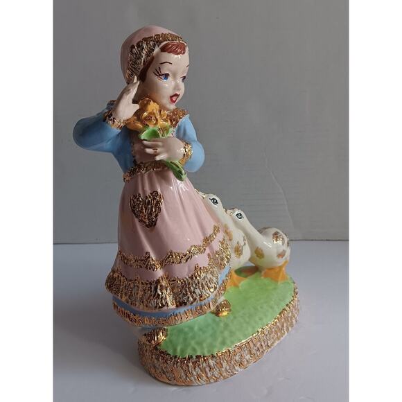 Vintage Ceramic Holland Mold Dutch Girl Geese Bouquet Glazed Gold Gilt - Picture 15 of 16